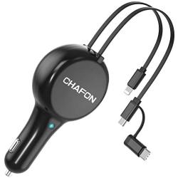 CHAFON Car Charger Cord Adapter,Dual 2.6 ft Retractable Fast Charging Cable Quick Charge,PD 18W Phone USB C Micro Port Compatible with Phone 11 XS Max XR X Samsung Galaxy LG Google Pixel & More