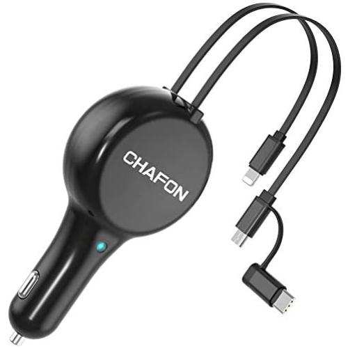 CHAFON Car Charger Cord Adapter,Dual 2.6 ft Retractable Fast Charging Cable Quick Charge,PD 18W Phone USB C Micro Port Compatible with Phone 11 XS Max XR X Samsung Galaxy LG Google Pixel & More
