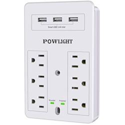 Multi Plug Outlet, Surge Protector, POWLIGHT USB Wall Charger with 3 USB Ports(Smart 3.4A Total), 6-Outlet Extender and Top Phone Holder for Your Cell Phone, White, ETL Listed