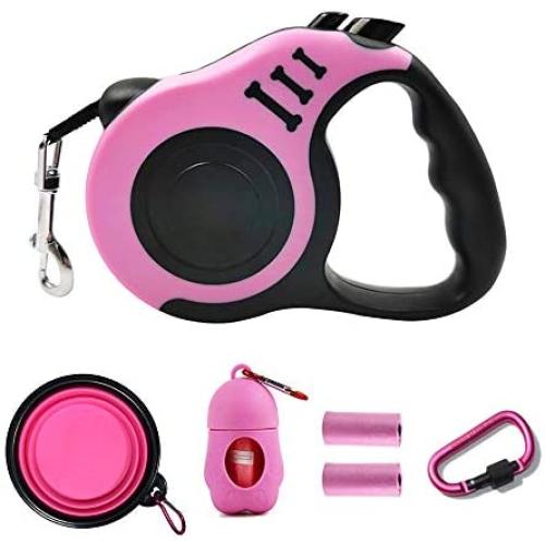 PETIMP STORE Pink Retractable Dog Leash 16ft with Dog Waste Bag Dispenser Dog Bowl for Small Medium Dog (6 PCs)