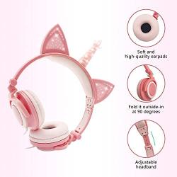 ONTA Unicorn Kids Headphones, Cat Ear LED Light Up Foldable Earphone Wired Over On Ear for Girls Boys,Kids Headband Toddler Tablet for School Supply/Travel/Holiday/Birthday/Cosplay Gifts