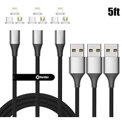 NetDot Gen10 3 in 1 Nylon Braided Magnetic Fast Charging Cable with Side LED Compatible with Micro USB & USB-C Smartphones and i-Product(5ft/3 Pack Silver)