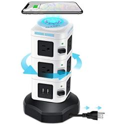 Power Strip Tower GLCON Surge Protector Tower Fast Wireless Charger + 4 USB 5V/5A Ports + 3000W 13A 10 Outlet Plugs + Charging Tower with 6ft Long Extension Cord for Home Office