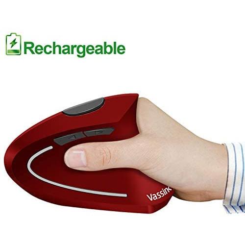 Vassink Ergonomic Rechargeable Wireless Mouse, 2.4Hz Rechargeable Wireless Vertical Optical Mice with USB Receiver, 6 Buttons, 800/1200/1600 DPI RED