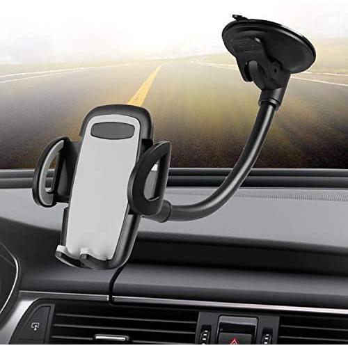 Crazefoto Cell Phone Holder for Car, Windshield Long Arm Car Phone Mount with One Button Design and Anti-Skid Base Car Holder Compatible with iPhone Xs MAX/XS/XR/X/8/7/7P/6s, Galaxy S6/S7/S8,Google