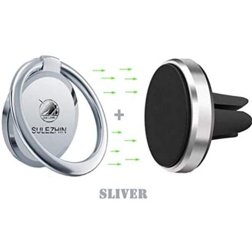 Phone Ring Holder Finger Kickstand 360° Rotation Metal Ring Grip with Magnetic Car Mount Set (Silver-2)