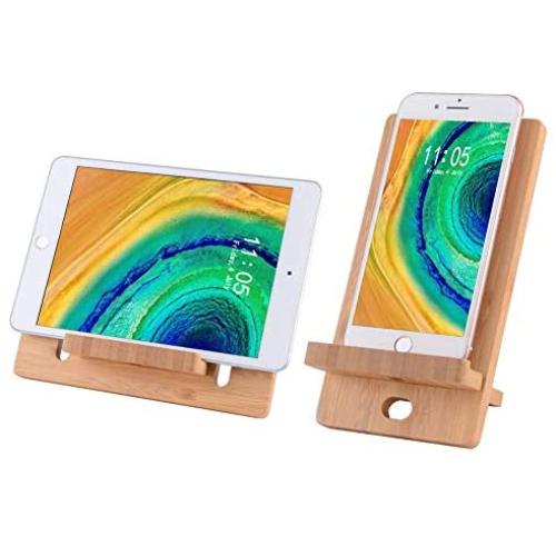 Cell Phone Stand-Bamboo Wooden Desktop Tablet Holder-Desktop Stand Holder Cradle for All iOS & Android Smartphone, Tablets, iPad, iPhone X XS Max XR (4-8 inch)