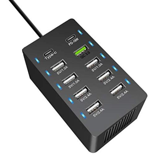 10 Ports Wall Charger,60W 10 Port (8 USB Port+PD 18W+QC 3.0) Charger Hub,Multiple Charging Station Desktop USB Rapid Charger,Compatible with Smartphones and Other USB Charging Devices