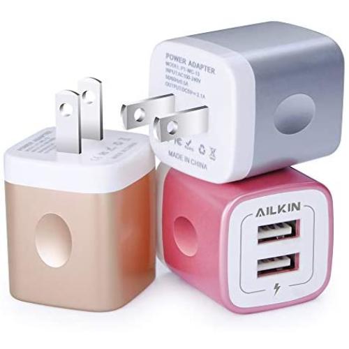 USB Charging Box, Charger Adapter, Ailkin 3-Pack 2.1Amp Dual Port Fast Charge Plug Cube Base Replacement for iPhone X/8/7/6S/6S Plus/6, Samsung Galaxy S7/S6/S5 Edge, LG, HTC, Huawei, Moto, Kindle