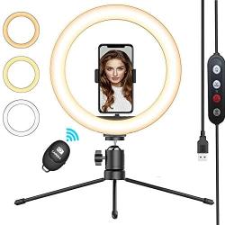 QI-EU Ring Light with Tripod Stand & Phone Holder, 10.2" Selfie Ring Light for Live Stream/YouTube/Photography, Desk Makeup Ring Light 3 Colors & 10 Brightness Level Compatible with iPhone/Android