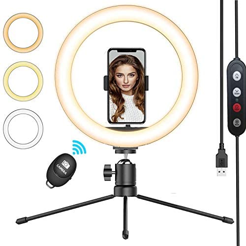 QI-EU Ring Light with Tripod Stand & Phone Holder, 10.2" Selfie Ring Light for Live Stream/YouTube/Photography, Desk Makeup Ring Light 3 Colors & 10 Brightness Level Compatible with iPhone/Android