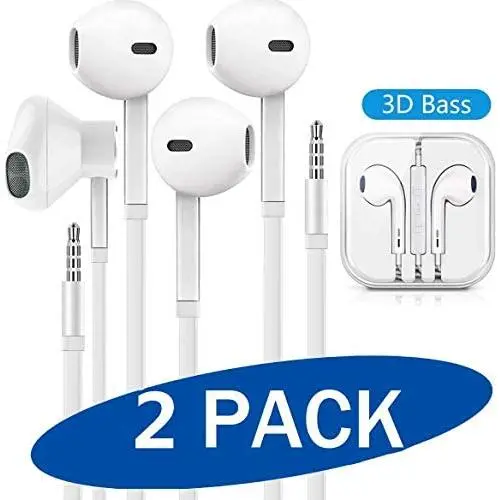 (2 Pack) Aux Headphones/Earbuds 3.5mm Wired Headphones Noise Isolating with Built-in Microphone & Volume Control Compatible with iPhone 6 SE 5S 4 iPod iPad Samsung/Android MP3