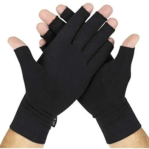 Vive Rheumatoid Arthritis Gloves - Men and Women Fingerless Compression Wrap for Hand Pain and Osteoarthritis - Black Hand Wrap for Arthritic Joint Symptom Relief - Open Finger Fit Vive Rheumatoid Arthritis Gloves - Men and Women Fingerless Compression Wrap for Hand Pain and Osteoarthritis - Black Hand Wrap for Arthritic Joint Symptom Relief - Open Finger Fit