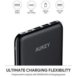 AUKEY USB C Power Bank, 20000mAh Portable Charger USB C, Slimline Type C Battery Pack with 3 Input & 4 Output Compatible with iPhone 11/ 11 Pro/XS Max/8, Nintendo Switch, Samsung Galaxy Note8, Pixel