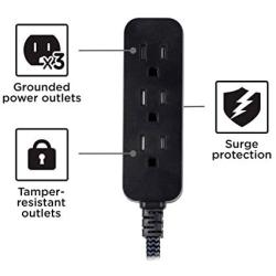 Cordinate, Black/Gray, Designer 10 ft Extension Outlet Power Strip, 3 Prong Flat Plug, Braided Cord, Perfect for Home, Office or Kitchen, 13A/125V/1625W, UL Listed, 42024