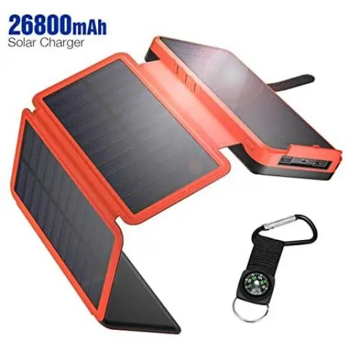 IEsafy Solar Charger 26800mAh, Outdoor Solar Power Bank with 4 Foldable Solar Panels and 2 High-Speed Charging Ports for Smartphones, Tablets, Samsung, iPhone, etc, with Waterproof LED Flashlight IEsafy Solar Charger 26800mAh, Outdoor Solar Power Bank with 4 Foldable Solar Panels and 2 High-Speed Charging Ports for Smartphones, Tablets, Samsung, iPhone, etc, with Waterproof LED Flashlight