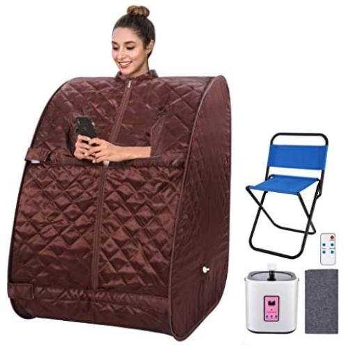 OppsDecor Portable Steam Sauna, 2L Personal Therapeutic Sauna Home Spa for Weight Loss Detox Relaxation Slimming,One Person Sauna with Remote Control,Foldable Chair,Timer(US Plug) (Browne)