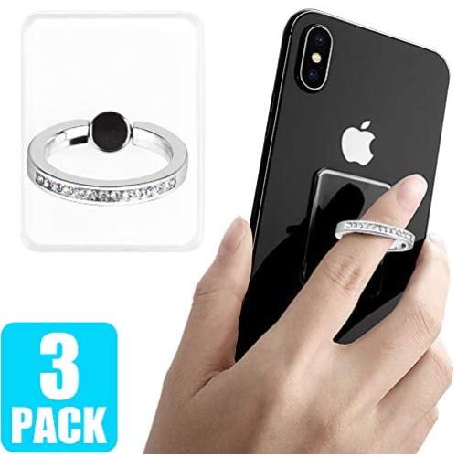 3 Pack Transparent Phone Ring with Diamond, Tomorotec Clear Cell Phone Ring Holder Stand with Black Car Mount Hook - for iPhone 11 X XR XS 8 7 Plus 6S 6 5s 5 SE, Galaxy S8 S7 S6 Edge (Silver)