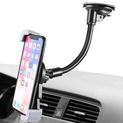 IPOW Car Phone Mount, Diagonal Clamp Full-View Windshield/Dashboard Car Phone Holder with Strong Suction Cup& Bendable Goose Arm Compatible with iPhone X 8Plus 7Plus 6sPlus 6Plus Galaxy S7 S9 J7V