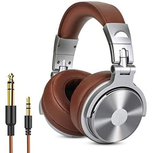 Over Ear Headphone, Wired Premium Stereo Sound Headsets with 50mm Driver, Foldable Comfortable Headphones with Protein Earmuffs and Shareport for Recording Monitoring Podcast PC TV- with Mic (Silver)