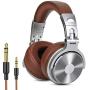 Over Ear Headphone, Wired Premium Stereo Sound Headsets with 50mm Driver, Foldable Comfortable Headphones with Protein Earmuffs and Shareport for Recording Monitoring Podcast PC TV- with Mic (Silver)