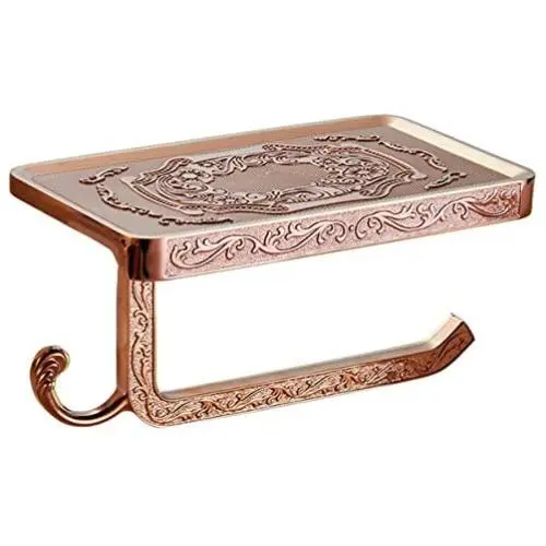 ThinkTop Antique Carving Toilet Roll Paper Holder with Phone Shelf Wall Mounted Bathroom Paper Rack and Hook-Rose Gold ThinkTop Antique Carving Toilet Roll Paper Holder with Phone Shelf Wall Mounted Bathroom Paper Rack and Hook-Rose Gold