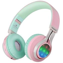 Riwbox WT-7S Bluetooth Headphones Light Up, Foldable Stero Wireless Headset with Microphone and Volume Control for PC/Cell Phones/TV/iPad (Pink Green)