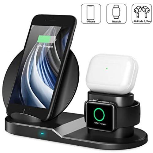 Wireless Charger, [2020 Latest] QI-EU 3 in 1 Wireless Charging Station with Apple Watch Stand for iWatch 5/4/3/2/1, Qi Fast Charger Stand for iPhone SE/11/11 Pro Max/XR/XS Max/XS/X/8/8P, Airpods Pro/2