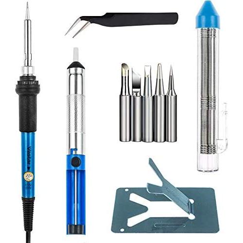 Vastar Soldering Iron Kit, Full Set 60W 110V Soldering Welding Iron Kit - Adjustable Temperature, 5pcs Different Tips, Desoldering Pump, Stand, Anti-static Tweezers and Additional Solder Tube