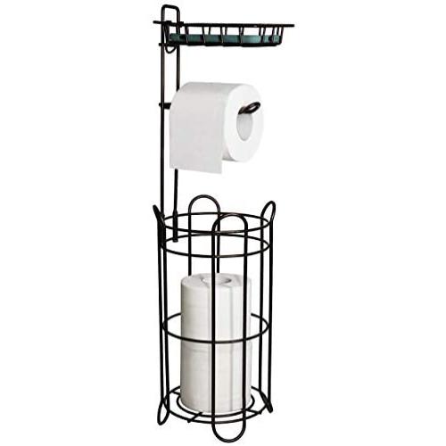 FORUP Freestanding Metal Toilet Paper Roll Holder Stand and Dispenser with Storage Shelf for Cell, Mobile Phone, 4 Raised Feet Bathroom Storage Shelf Organization, Bronze