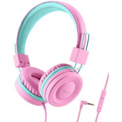 iClever Kids Headphones for Girls - Wired Headphones for Kids with MIC, Adjustable Headband, Foldable, Volume Control - Childrens Headphones on Ear for iPad Tablet Kindle Airplane School, Pink