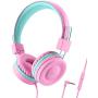iClever Kids Headphones for Girls - Wired Headphones for Kids with MIC, Adjustable Headband, Foldable, Volume Control - Childrens Headphones on Ear for iPad Tablet Kindle Airplane School, Pink