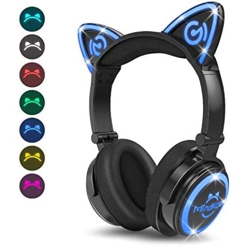 MindKoo Bluetooth Headphones Wireless Over Ear Cat Ear Headphones with LED Light Foldable Built-in Microphone and Volume Control for Cell Phones/iPhone/iPad/Laptop/PC/TV Kids Boys Girls Friends