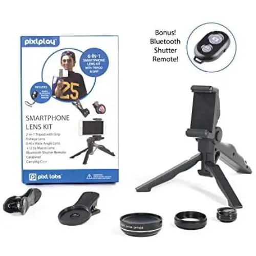 Pixlplay - 6 in 1 Smartphone Camera Lens Kit for iPhone & Android Cell Phone with Tripod/Grip, Bluetooth Shutter Remote, 3 x Lenses (Fisheye + Wide Angle + Macro) & Accessory Case Pixlplay - 6 in 1 Smartphone Camera Lens Kit for iPhone & Android Cell Phone with Tripod/Grip, Bluetooth Shutter Remote, 3 x Lenses (Fisheye + Wide Angle + Macro) & Accessory Case