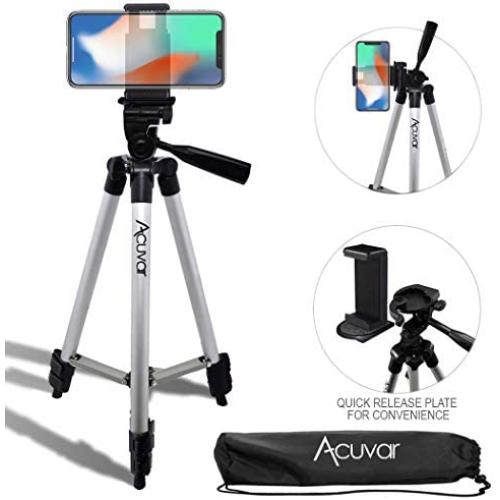 Acuvar 50" Inch Aluminum Camera Tripod with Quick Release + Universal Smartphone Mount for iPhone 11 Pro, 11 Pro Max, Xs, SE 2, Xr, X, 8, 8+, Pixel 3, XL, Android Note 10, S10, S20 & More Smartphones