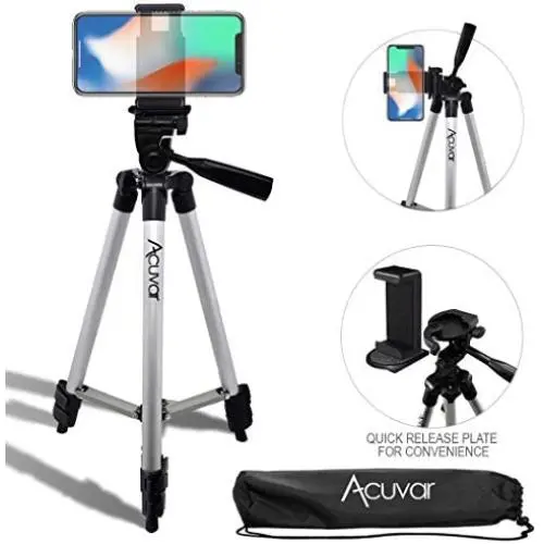 Acuvar 50" Inch Aluminum Camera Tripod with Quick Release + Universal Smartphone Mount for iPhone 11 Pro, 11 Pro Max, Xs, SE 2, Xr, X, 8, 8+, Pixel 3, XL, Android Note 10, S10, S20 & More Smartphones Acuvar 50" Inch Aluminum Camera Tripod with Quick Release + Universal Smartphone Mount for iPhone 11 Pro, 11 Pro Max, Xs, SE 2, Xr, X, 8, 8+, Pixel 3, XL, Android Note 10, S10, S20 & More Smartphones