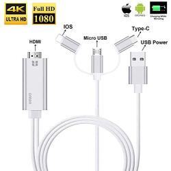 3 in 1 HDMI Cable Adapter, Onten 1080P USB/Type-C to HDMI Adapter Mirror Mobile Phone Screen to TV/Projector/Monitor Compatible with S8/9 Note 8/9 and More Android Devices