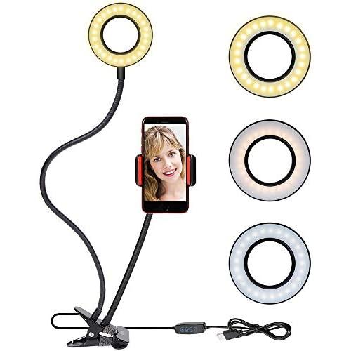 Rovtop Selfie Ring Light Cellphone Holder Ring Light Stand Live Stream Makeup, 3 Light Modes 10-Level Brightness 360 Rotating for iPhone Android Cell Phone, Black