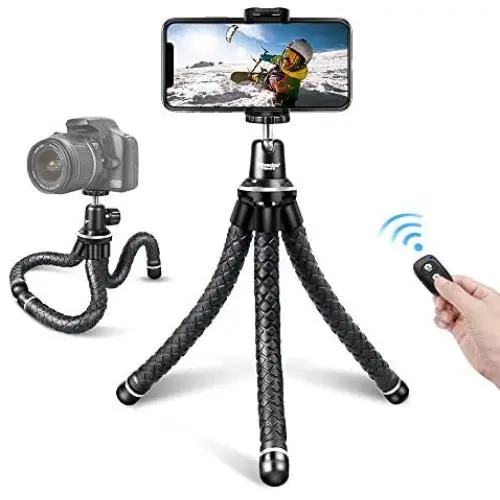 UBeesize Flexible Cell Phone Tripod, Mini Travel Tripod Stand with Wireless Remote Shutter, Universal Adapter Compatible with iPhone, Android, GoPro, DSLR, Action Camera. (Silver) UBeesize Flexible Cell Phone Tripod, Mini Travel Tripod Stand with Wireless Remote Shutter, Universal Adapter Compatible with iPhone, Android, GoPro, DSLR, Action Camera. (Silver)