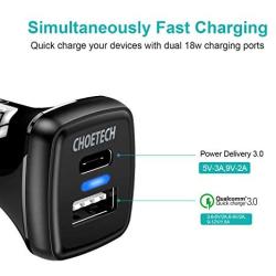 USB C PD Car Charger, 2Pack CHOETECH 36W Dual Port Fast Type C Car Adapter with 18W Power Delivery & Quick Charge 3.0 for iPhone SE/11/11 Pro/11 Pro Max/XS,Samsung S20/Note 10/S10, iPad Pro 2020