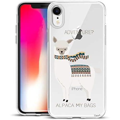 Unov Case Clear with Design Slim Protective Soft TPU Bumper Embossed Pattern [Support Wireless Charging] Cover for iPhone XR 6.1 Inch(Alpaca Bags)