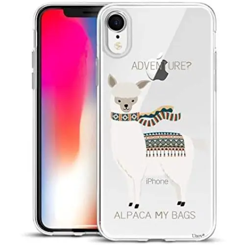 Unov Case Clear with Design Slim Protective Soft TPU Bumper Embossed Pattern [Support Wireless Charging] Cover for iPhone XR 6.1 Inch(Alpaca Bags)
