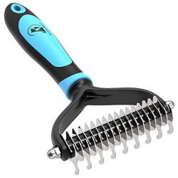 Pet Grooming Tool - 2 Sided Undercoat Rake for Cats & Dogs - Safe Dematting Comb for Easy Removing Mats Tangles and Shedding (Blue)