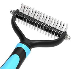 Pet Grooming Tool - 2 Sided Undercoat Rake for Cats & Dogs - Safe Dematting Comb for Easy Removing Mats Tangles and Shedding (Blue)