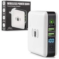 White Kaiman Wireless Power Bank: Portable Battery Charge Pack with 2 USB A, 1 USB C, and QI Fast Charging Pad - External Backup Wall Charger for Mobile Phone, Laptop, and More - Slim Travel Charger