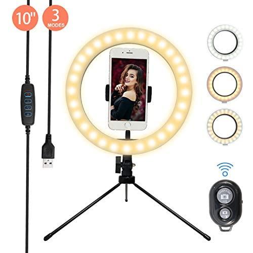 LED Ring Light,10“ Desk Selfie Ring Light with Tripod Stand, Phone Holder and Bluetooth Remote for Live Streaming, Adjustable Circle Light for Makeup/YouTube Video/Photography/Camera/Blogging/TikTok