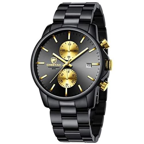 GOLDEN HOUR Mens Watches with Black/Silver Stainless Steel and Metal Casual Waterproof Chronograph Quartz Watch, Auto Date in Colorful Hands