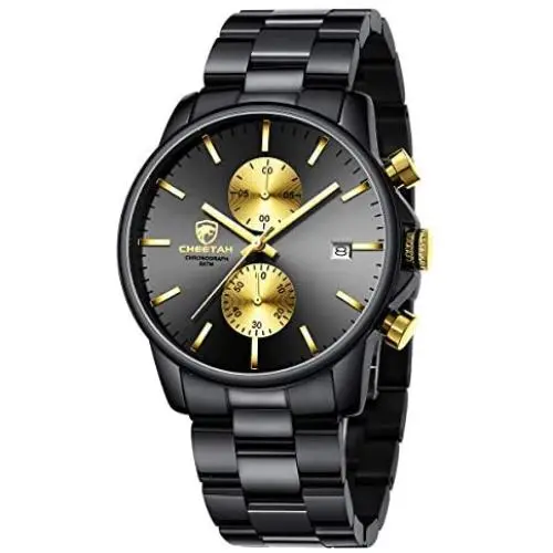 GOLDEN HOUR Mens Watches with Black/Silver Stainless Steel and Metal Casual Waterproof Chronograph Quartz Watch, Auto Date in Colorful Hands