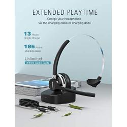 Mpow Bluetooth Headset V5.0 with Charging Base, Wireless Headphones Dual Noise Canceling Microphone, Single Ear Headset for Cell Phone, Truck Driver, Office, Call Center, Skype(Wired Option)