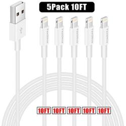 FEEL2NICE 5 Pack 10ft Charger Cord for Long 10 Foot iPhone Charging Cable/Data Sync Fast iPhone USB Charging Cable Cord Compatible with iPhone X Case/8/8 Plus/7/7 Plus/6/6s Plus/5s/5,iPad Case(White)